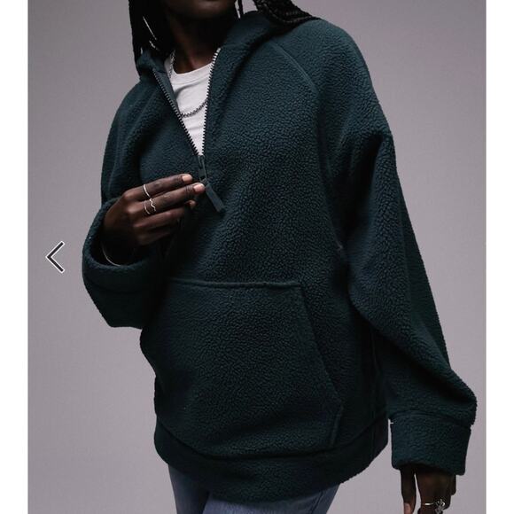 Topshop Sweaters - Topshop Borg Quarter Zip Fleece Hoodie Long Sleeve Pouch Pocket Sweater